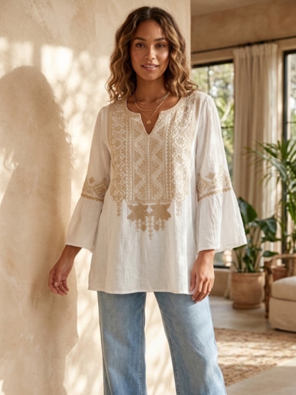 ANDREE BY UNIT White Tunic with Gold Embroidered Detail